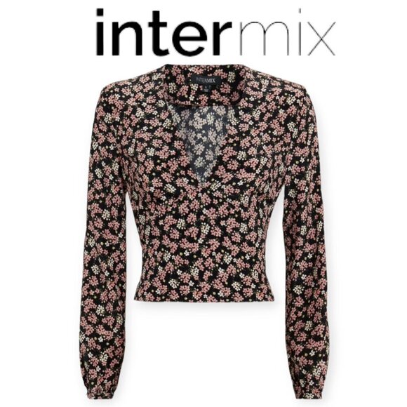 INTERMIX 100% Silk Floral Blouse Black V-Neck P/S - Picture 1 of 14